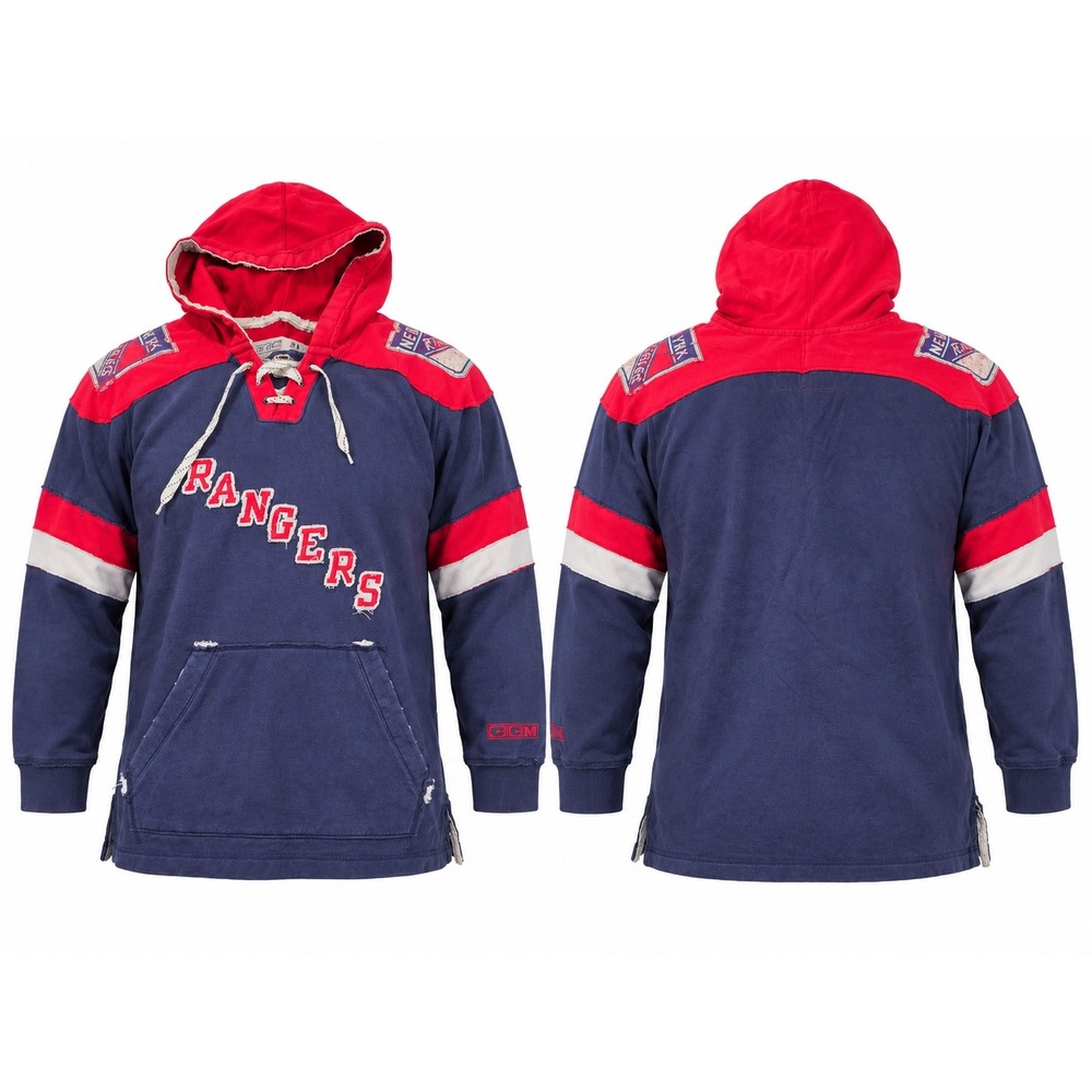 Vintage CCM New York Rangers Lace Up Hoodie XL Navy Red NHL Hockey Distressed